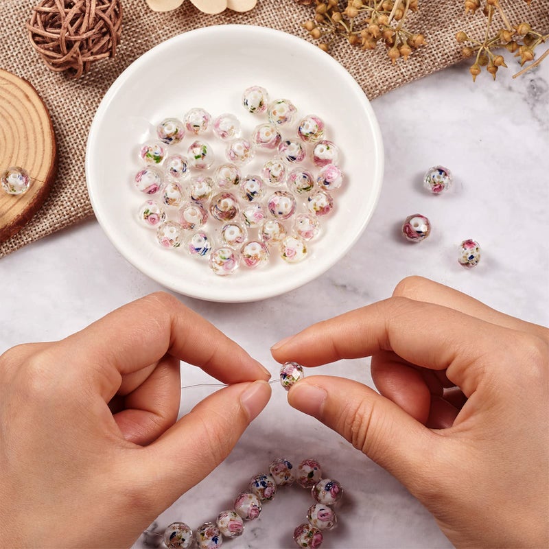 Craftdady About 60Pcs Handmade Gold Sand Lampwork Faceted Rondelle Glass Beads Strands Flower Inlaid Spacer Loose Beads for DIY Jewelry Making Hole: 2mm (White) - Image 5